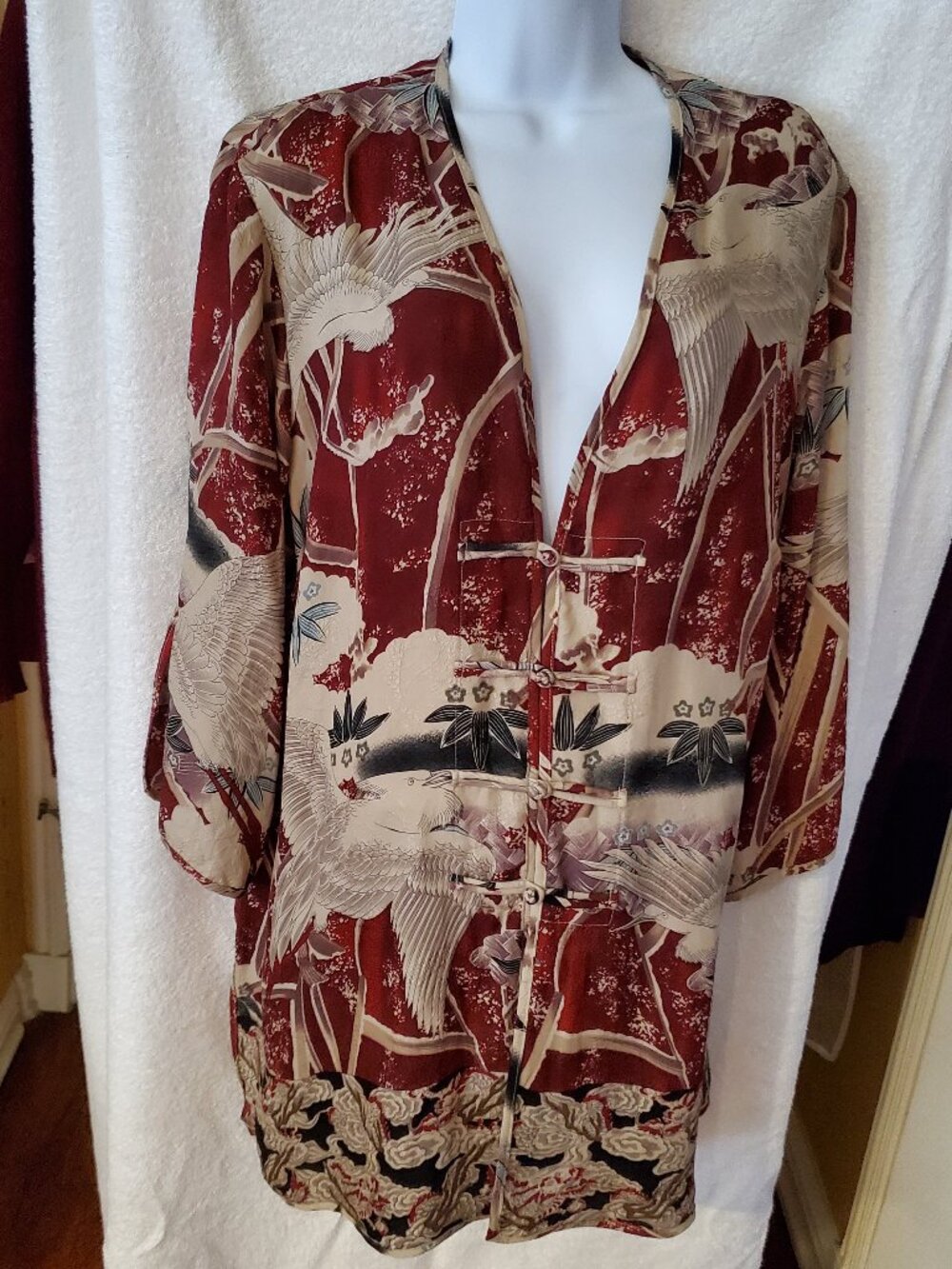 Asian inspired Citron women’s silk tunic blouse sz 1x burgundy multi crane print